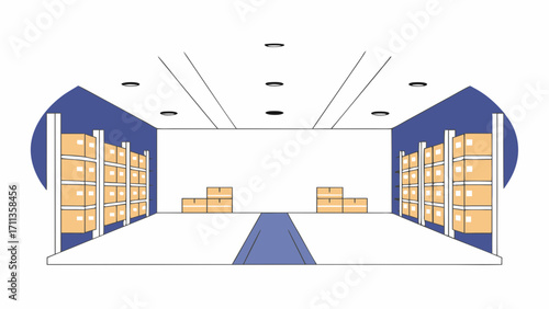 Empty warehouse interior with shelves and cardboard boxes, wide angle view, clean and organized layout