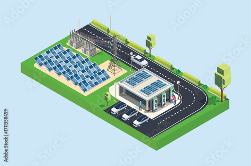 Isometric Charging electric cars at toll road rest area with fast supercharger stations and many charging points. Vehicles at renewable solar panel energy battery storage station on grid network.