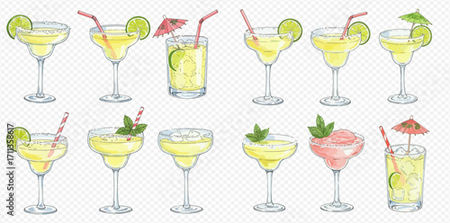 A collection of watercolor margarita cocktails in various glasses with lime, mint, and salt garnishes.