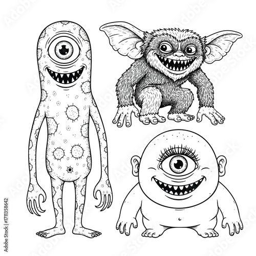 A set of three handdrawn black and white cartoon monster characters for coloring.