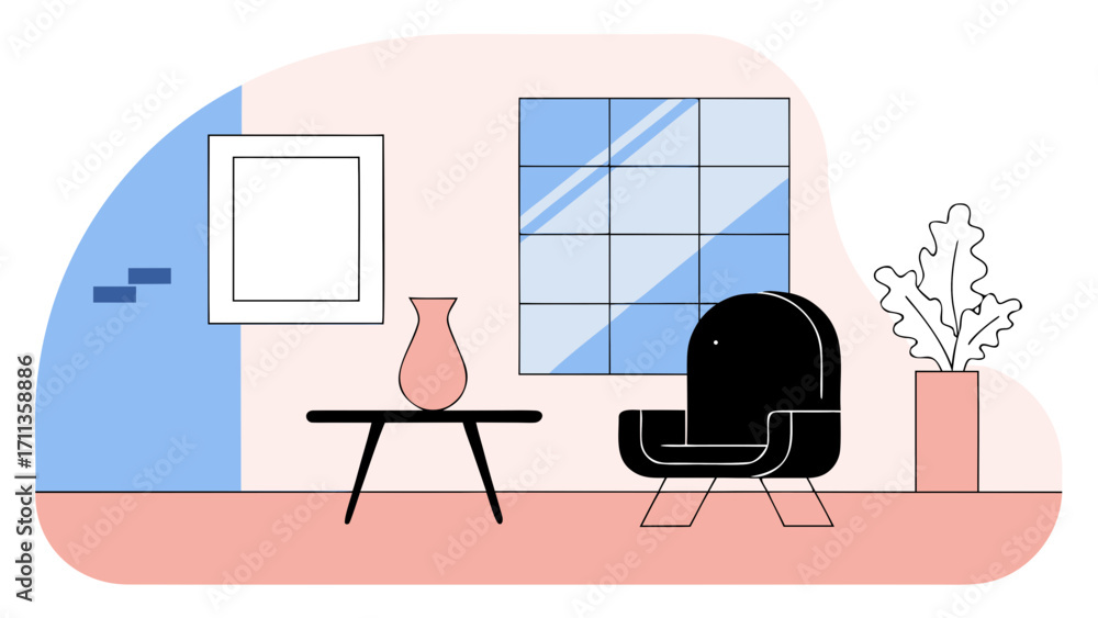 Fototapeta premium Modern black leather chair with side table, pink vase, large window and indoor plant in cozy room