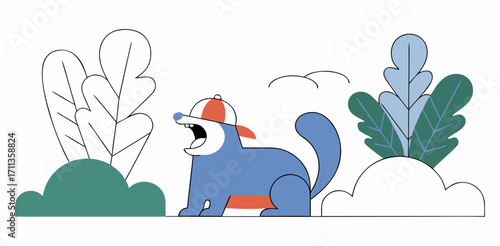 Playful blue cartoon dog wearing red cap barking loudly in minimal nature scene
