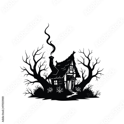 A spooky black silhouette of a crooked witchs hut with bare trees and smoke from the chimney.