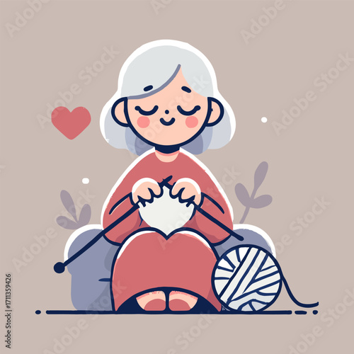 Illustration of a grandmother knitting white yarn