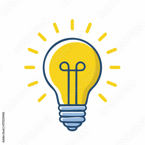 Bright yellow light bulb illuminating with radiating lines, symbolizing a powerful new idea concept, innovative solution, creative insight, and successful intellectual breakthrough