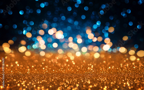 Blue and golden Christmas background with glitter and bokeh