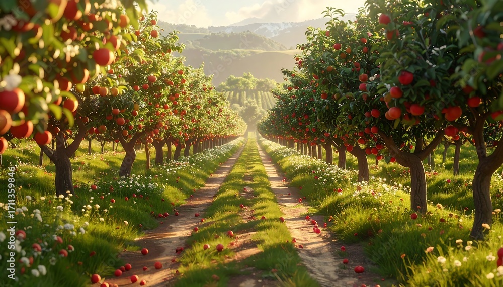 Naklejka premium A sun-drenched orchard, rows of fruit-laden trees lined along a grassy path, leading towards rolling hills