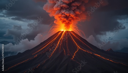 A volcano erupting violently, spewing a massive column of ash and fire into the air, with glowing lava flowing down its slopes.