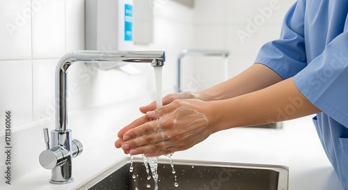 A healthcare worker washes their hands under a chrome faucet in a tiled room.