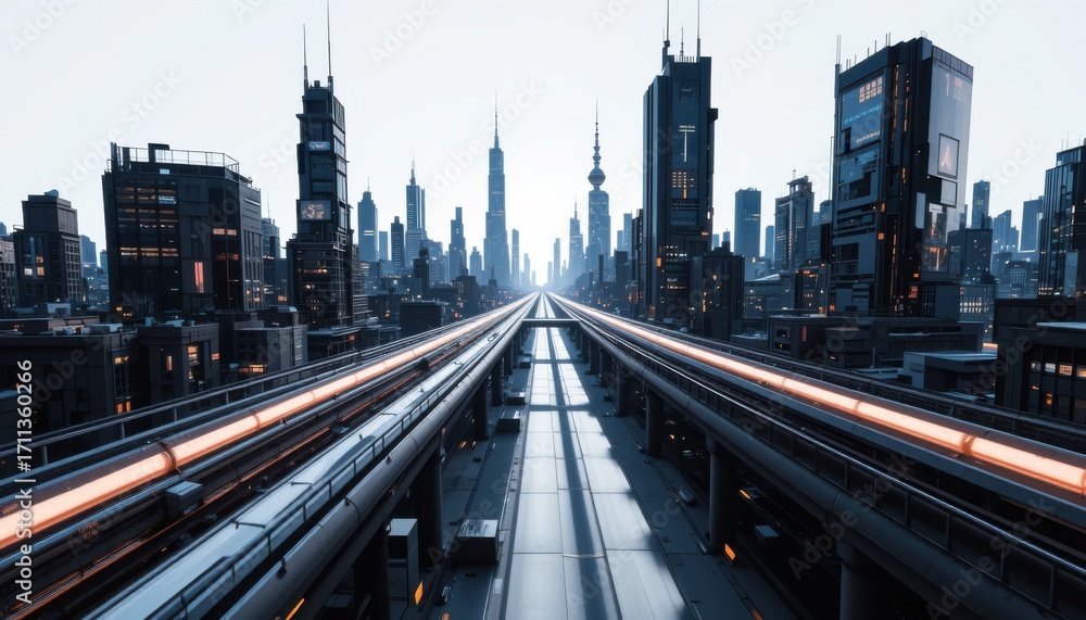 Fototapeta premium An abstract cityscape of the future, with geometric shapes and intersecting light trails, isolated on a stark white canvas.