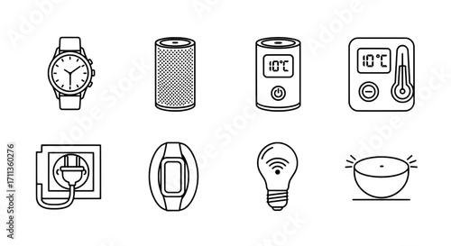Smart Home Gadgets Icon Set Time, Tech, and Temperature