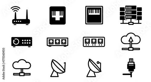 Networking Icons Router, Ethernet Port, Server, Cloud Connection, and Satellite Dish