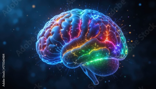 A 3D render of a single brain with different parts glowing in different colors, each color representing a different ideology, all working in harmony within a single mind.