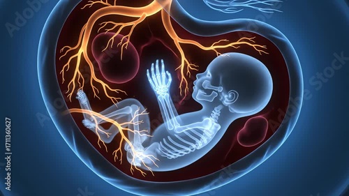 Detailed anatomical illustration of a human fetus developing within the womb, vividly depicting the essential placenta and intricate umbilical cord system for life support