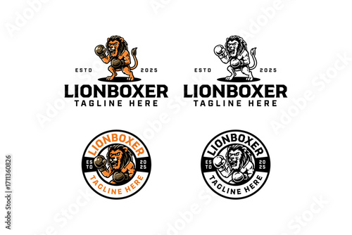 Lion with boxing gloves mascot retro logo vector design set for fighter. Wild predator boxer vintage badge logo graphic pack. Jungle lion fighter illustration label element design for combat sport