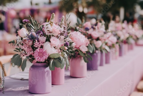 Wallpaper Mural A long table beautifully adorned with arrangements of pastel pink and purple flowers in elegant lilac-colored vases. Torontodigital.ca