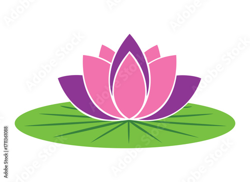 A purple and pink lotus flower on a green lily pad, symbolizing beauty, purity, and spiritual enlightenment
