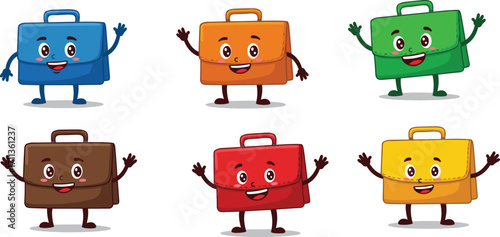 Cartoon briefcase characters, colorful luggage icons, smiling animated bags, vector illustration, kids education, playful design, isolated white background, stock art