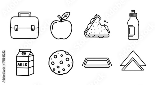 Simple Line Art Food and Lunchbox Items for School