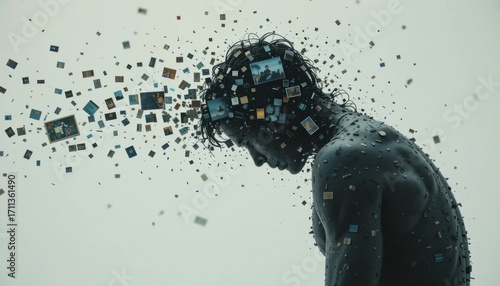 A cinematic shot of a person's shoulders hunched over, with a stream of fragmented images and memories floating away from their form into the white air.