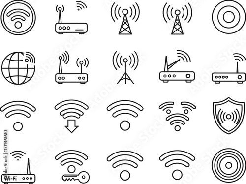 Black and white wireless communication icons set, Wi‑Fi signal symbols, internet connectivity, network security, router illustration, minimal line art design