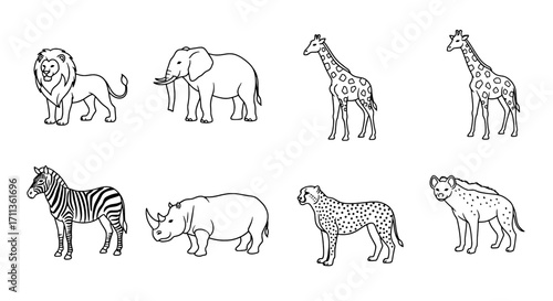 Outline illustrations of African animals, including zebra and giraffe