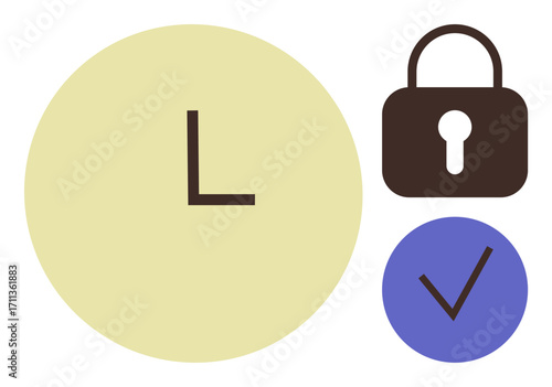 Clock face, padlock, and checkmark forming a concept of time security, planning, and efficiency. Ideal for productivity, goal setting, scheduling, security deadlines punctuality simple flat