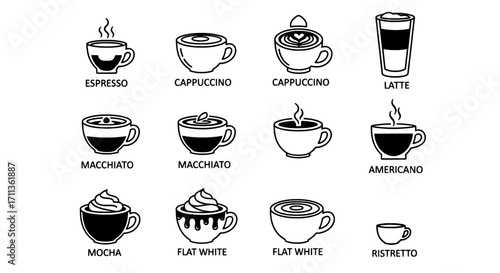 Coffee Drinks Variety Espresso, Latte, Cappuccino Line Art Set