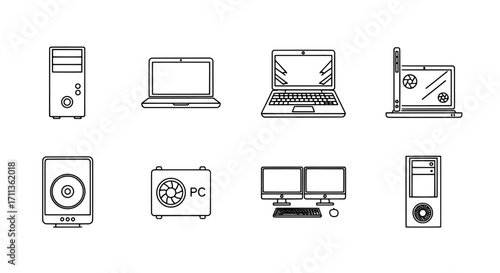 Computer Set Line Art PC, Laptop, Monitor Icons