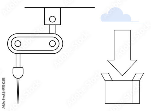Robotic arm with a precision tool aligned towards an open box and large arrow above. Ideal for automation, robotics, manufacturing, delivery, assembly, logistics, innovation. Clean simple flat