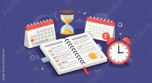 Illustration of a planner, calendars, alarm clock, and hourglass on a blue background.