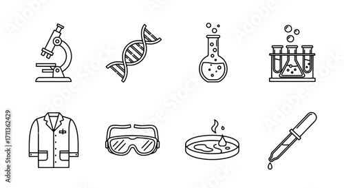 Science Icons Microscope, DNA, Beakers, Safety Glasses, and More