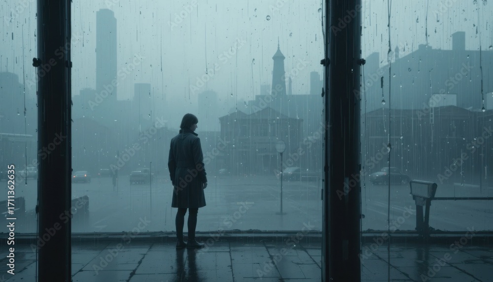 Fototapeta premium A lone figure standing in the rain, looking out a misty window, with a feeling of solitude.