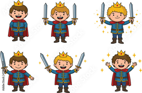 Cartoon prince characters, royal boys illustration, fantasy costume design, kids in crowns, magical sparkles, sword pose, fairy tale theme, white background