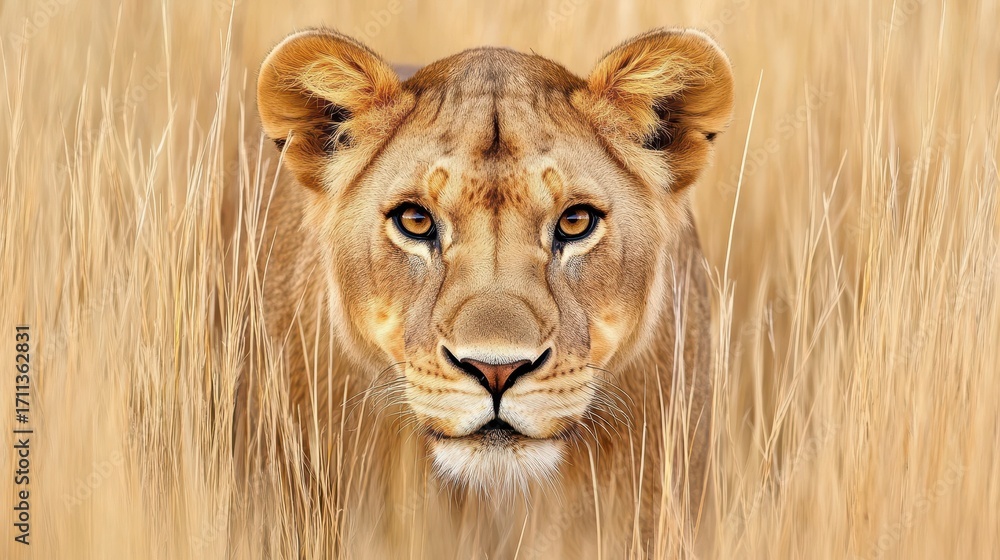 Obraz premium Majestic Lioness Staring Fiercely in Golden Grassland Habitat