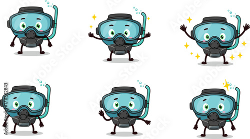 Cartoon scuba diving mask character, emotional expressions, underwater gear illustration, snorkel equipment, cute mascot, vector art, kids education, playful design