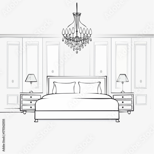 Outline vector of elegant bedroom interior with chandelier and bedside lamps