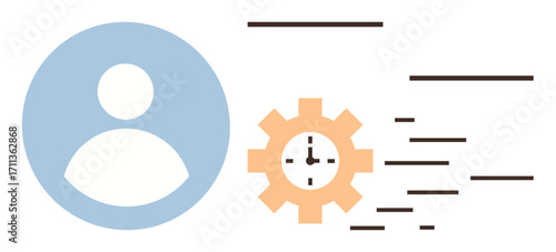 User avatar alongside a gear containing a clock, representing productivity, teamwork, and workflow. Ideal for project management, efficiency, scheduling, customization, user identity HR operations