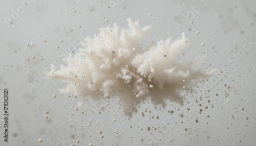 A cloud of fine dust particles suspended in the air, against a clean white background.