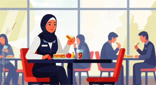 People eating in a cafeteria with a woman in a hijab in the foreground.
