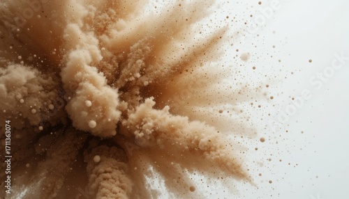 A high-speed photograph of a dust explosion, with a cloud of fine particles, on a bright white background.