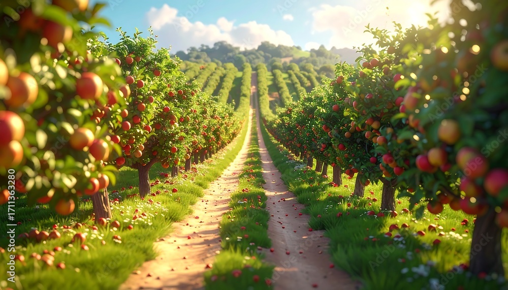 Obraz premium A sun-drenched orchard stretches into the distance, laden with ripe red fruit, a dirt path winding through rows