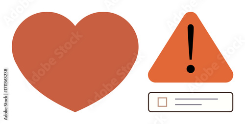 Heart icon next to orange warning triangle with exclamation point and checkbox. Ideal for love, health caution, risk, choice, responsibility, decision-making, awareness. Simple flat metaphor