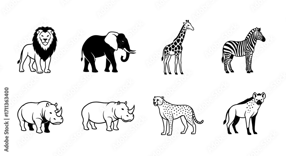 Obraz premium African Wildlife Animals Line Art Illustration Set