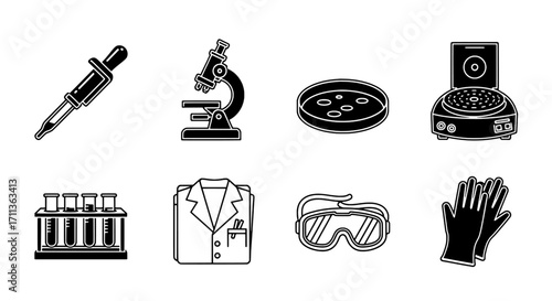 Science Lab Equipment Vector Icons Set in Black and White