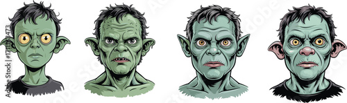 Fantasy goblin character illustration, cartoon monster face, creepy creature design, expressive goblin head, green skin, pointed ears, digital artwork