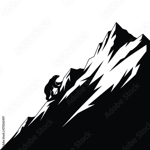 Graphic silhouette of a powerful bear climbing a steep jagged mountain peak.