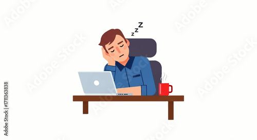 Man sleeping at desk with laptop and coffee cup.
