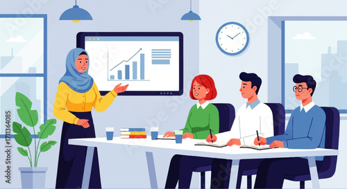 Business meeting with a woman in hijab presenting a chart to colleagues.