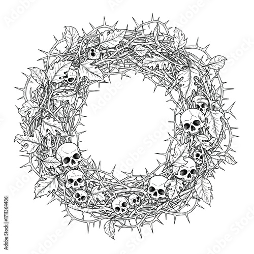 Intricate black and white line art illustration of a macabre wreath with human skulls and thorny branches.